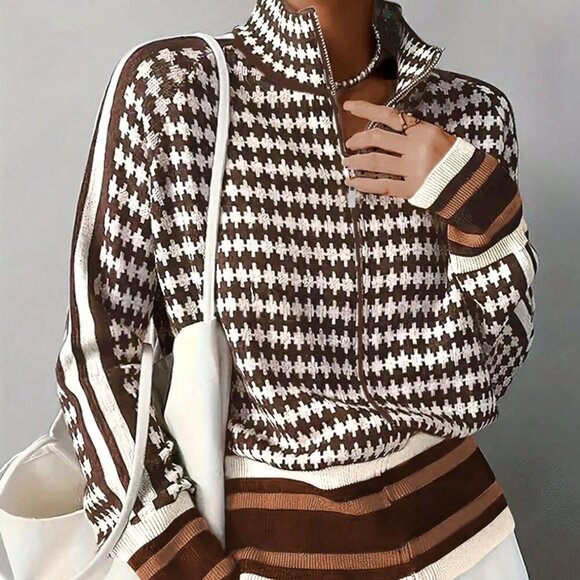 Multicolor Casual Women's Pattern Zippered Knitted Stand Collar Cardigan - Picture 1 of 3